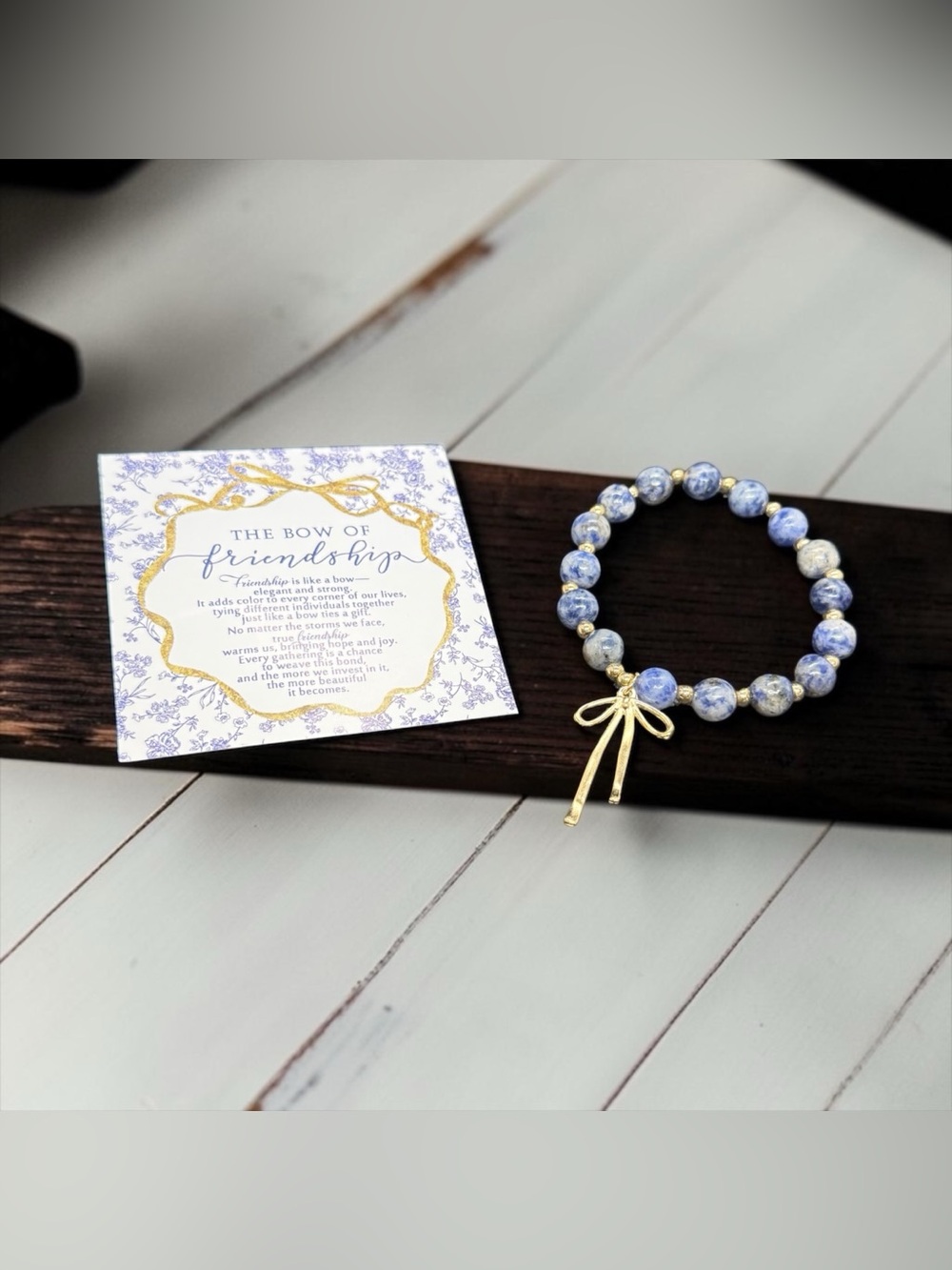 🏷️‼️5/$25🏷️‼️💙Bow of Friendship💙Blue & White Natural Stone Stretch Bracelet/NIP
